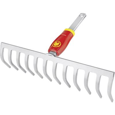 Handrechen mit rotem Griff und gelbem Akzent, robustes Metall mit mehreren Zinken, geeignet für Gartenarbeiten.