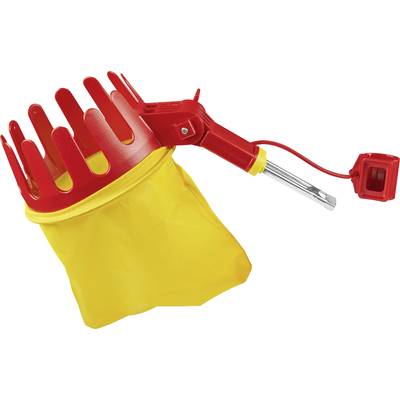 Roter Obstpflücker mit gelbem Fangbeutel und Teleskopstange. Geeignet für das Ernten von Obst aus hohen Bäumen.