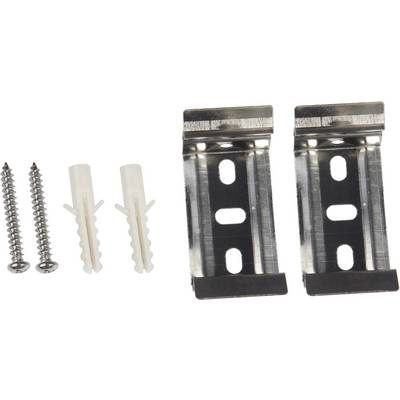 Schraubenset mit zwei Schrauben, Dübeln und zwei Metallhalterungen. Geeignet zur Wandmontage von Gegenständen.