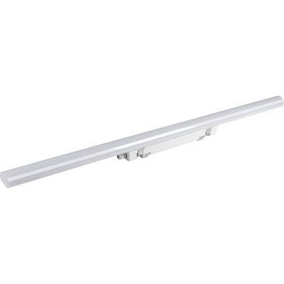 Silberne LED-Lampe in länglicher Form zur Wandmontage. Geeignet für die Beleuchtung von Spiegeln oder Bildern.