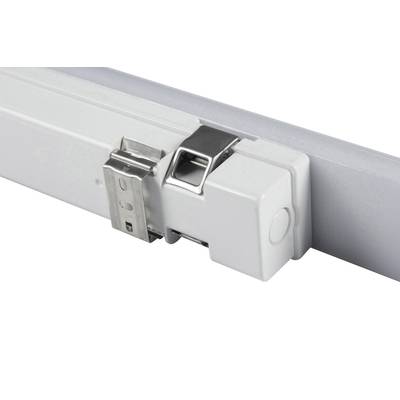 Nahaufnahme eines weißen, rechteckigen Gehäuses mit einem Schließmechanismus, möglicherweise von einer elektrischen Leuchte.