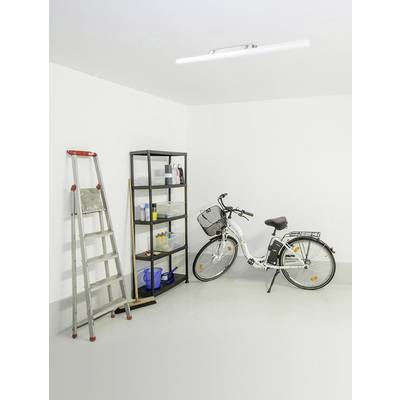 Eine Garage mit weiß gestrichenen Wänden, einem Fahrrad mit Korb, einem schwarzen Regal voller Gegenstände und einer Leiter an der Wand.
