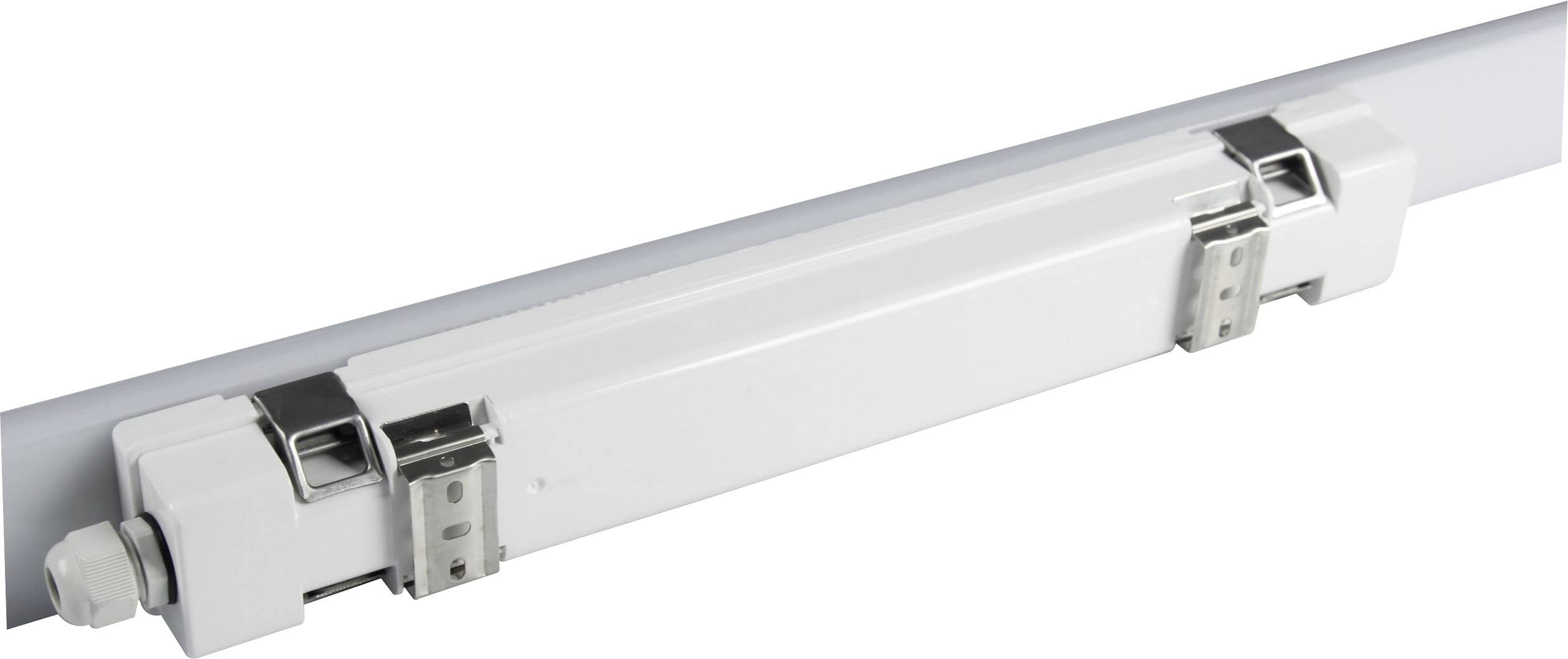 LED-Leuchte in länglicher Form mit weißen Gehäuse und silbernen Halterungen, geeignet für Deckenmontage in Innenräumen.