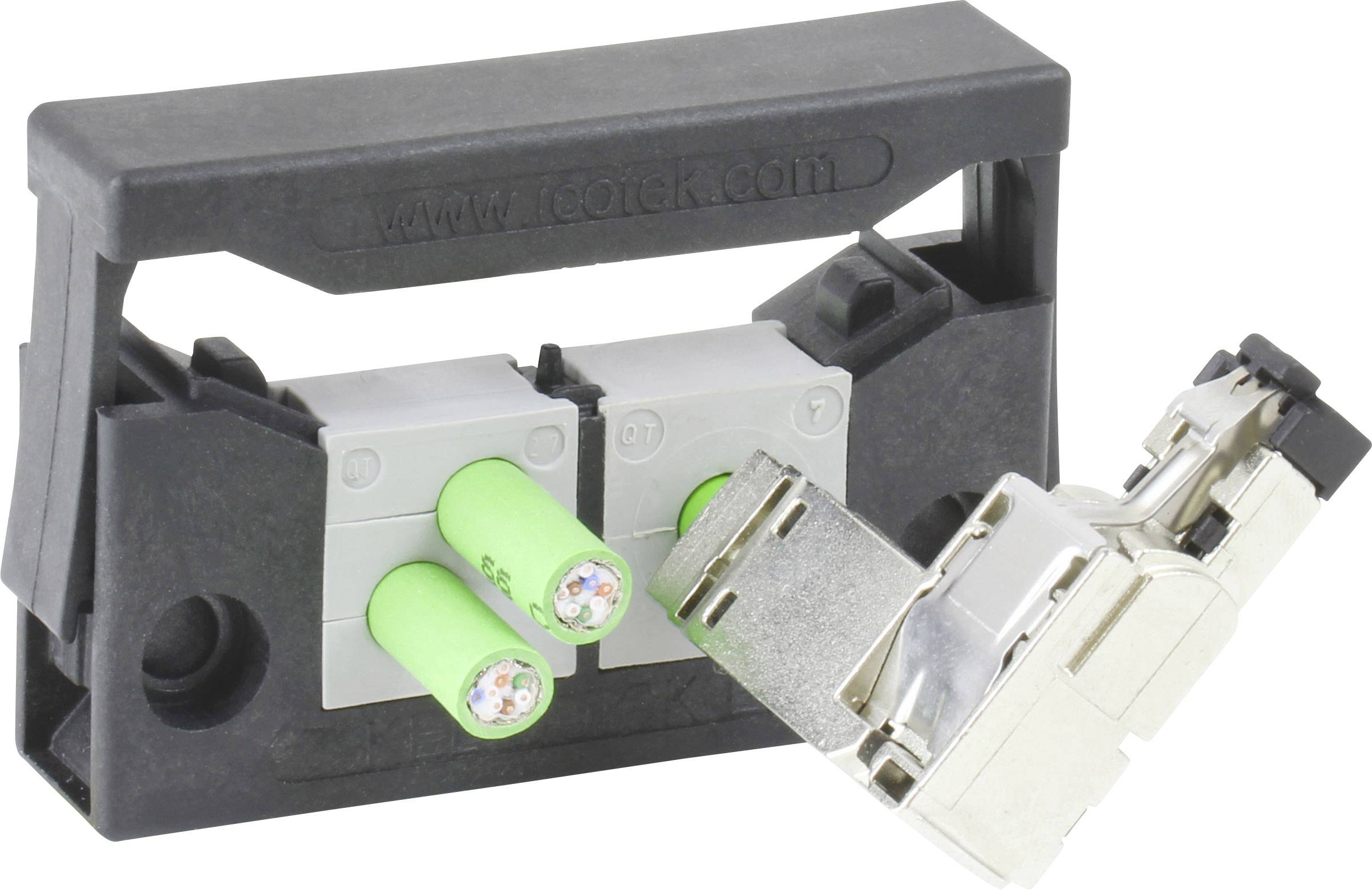 Ein optisches LC-Duplexmodul mit zwei grünen Glasfaserkabeln und einem Metallstecker, verwendet für die Datenübertragung in Netzwerken.