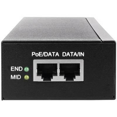 Schwarzes Netzwerkgerät mit zwei Ethernet-Ports und zwei grünen LED-Anzeigen, beschriftet mit 'PoE/DATA DATA/IN', 'END' und 'MID'.