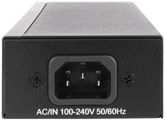 Schwarzes Netzteil, Eingangsspannung AC/IN 100-240V, 50/60Hz, mit Steckverbindung und zwei Schrauben an den Seiten.