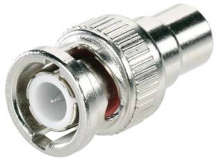 Metallischer BNC-Stecker, typischerweise zur Koaxialkabelverbindung verwendet, dargestellt auf weißem Hintergrund.