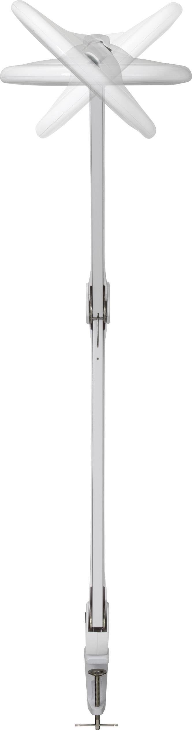 Ein weißer Ventilator wird an einer Stange befestigt. Die Rotorblätter sind beweglich und in mehreren Positionen zu sehen.