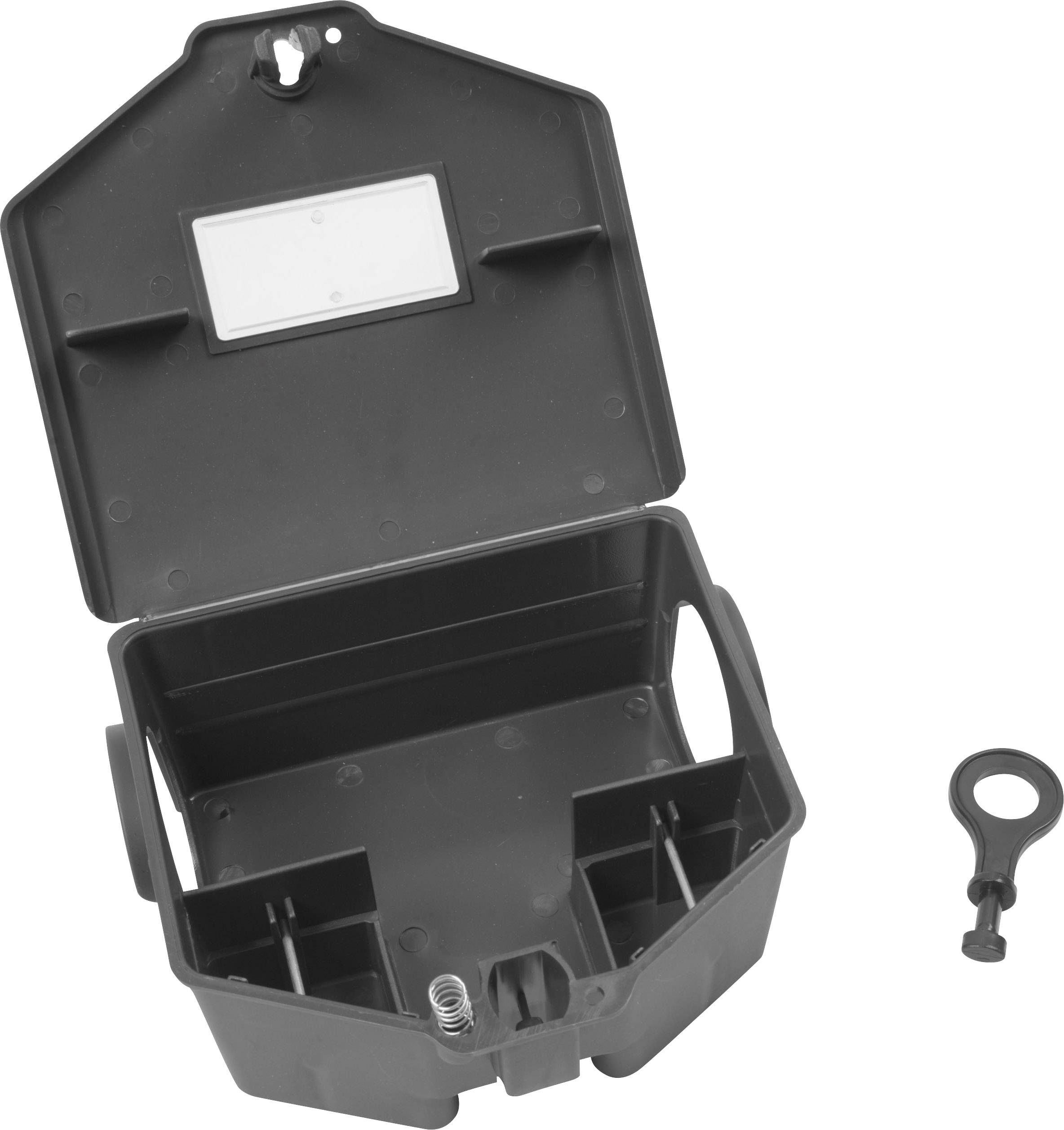 Offene schwarze Köderbox mit mehreren Fächern und Schlüsselloch-Öffner daneben.