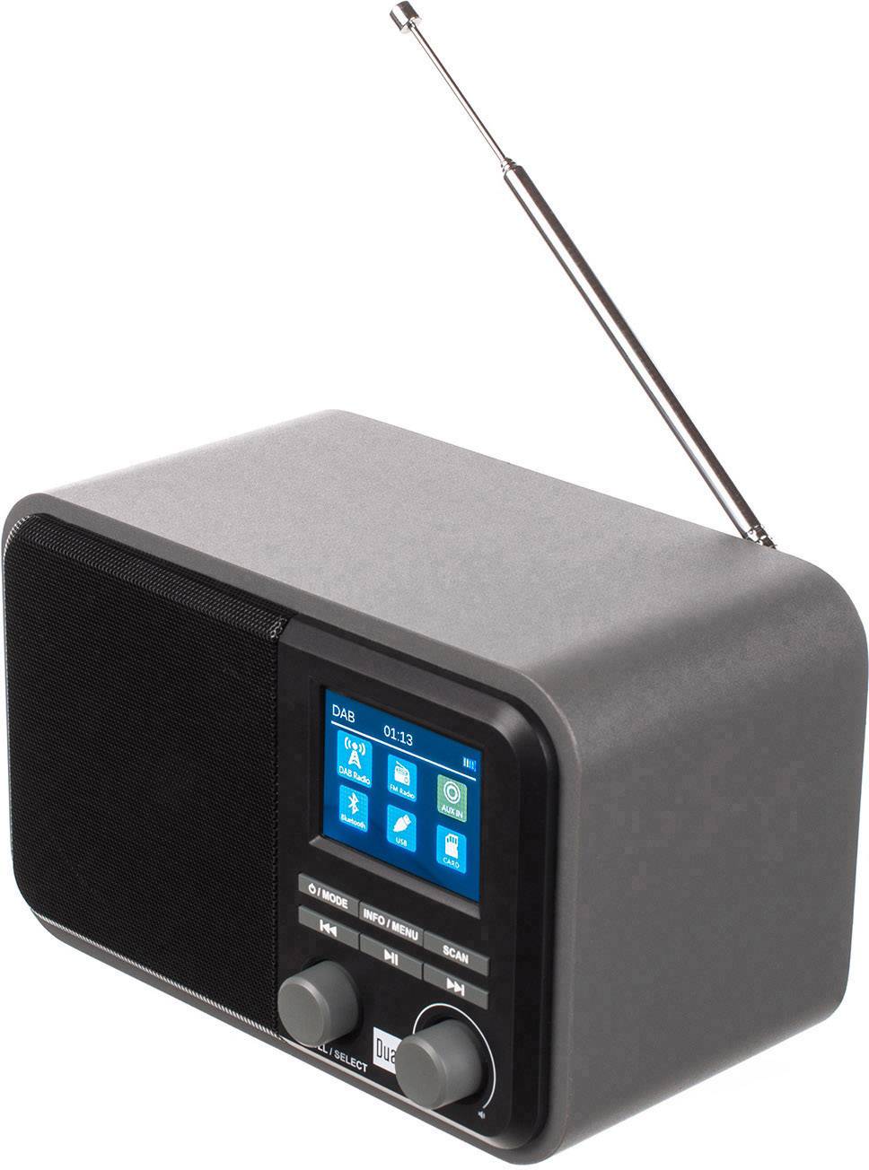 Ein kleines, schwarzes Radio mit Antenne, digitalem Display und Drehknöpfen auf der Vorderseite, zeigt ein Menü mit verschiedenen Optionen.