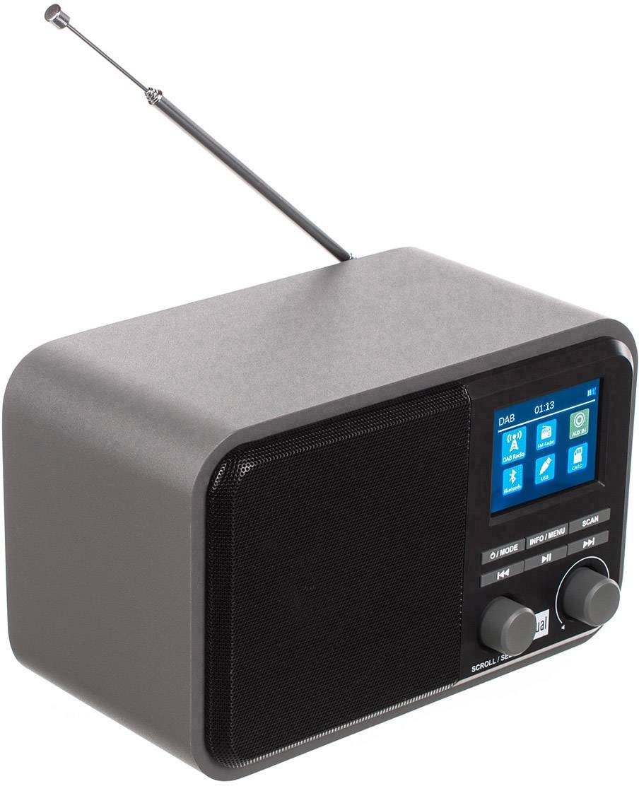 Ein rechteckiges Radio mit ausziehbarer Antenne, digitalem Bildschirm mit Symbolen und zwei Drehknöpfen auf der Vorderseite.