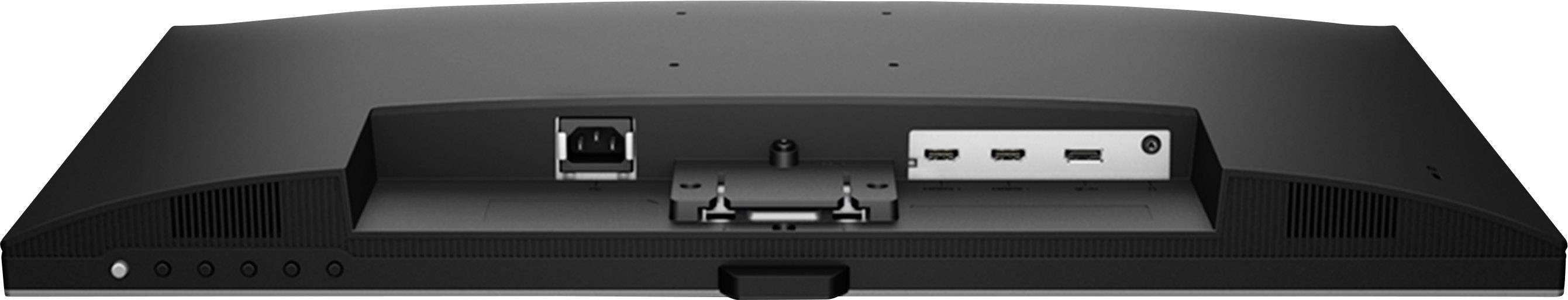 Rückseite eines Monitors mit verschiedenen Anschlüssen: ein Ethernet-Port, zwei HDMI-Ports, ein USB-Port und eine Halterung.