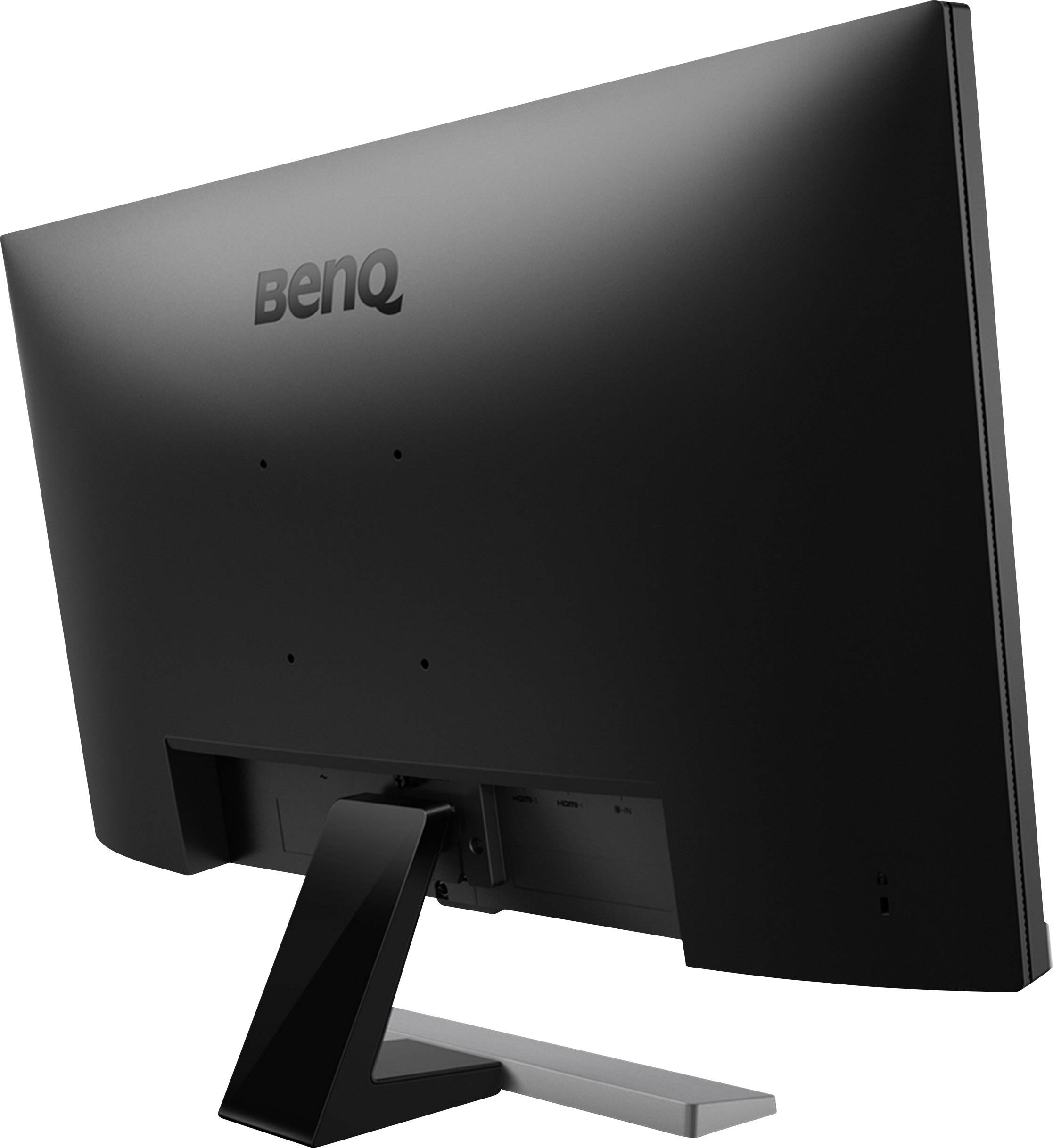 Rückansicht eines schwarzen Computermonitors auf einfachem Standfuß.