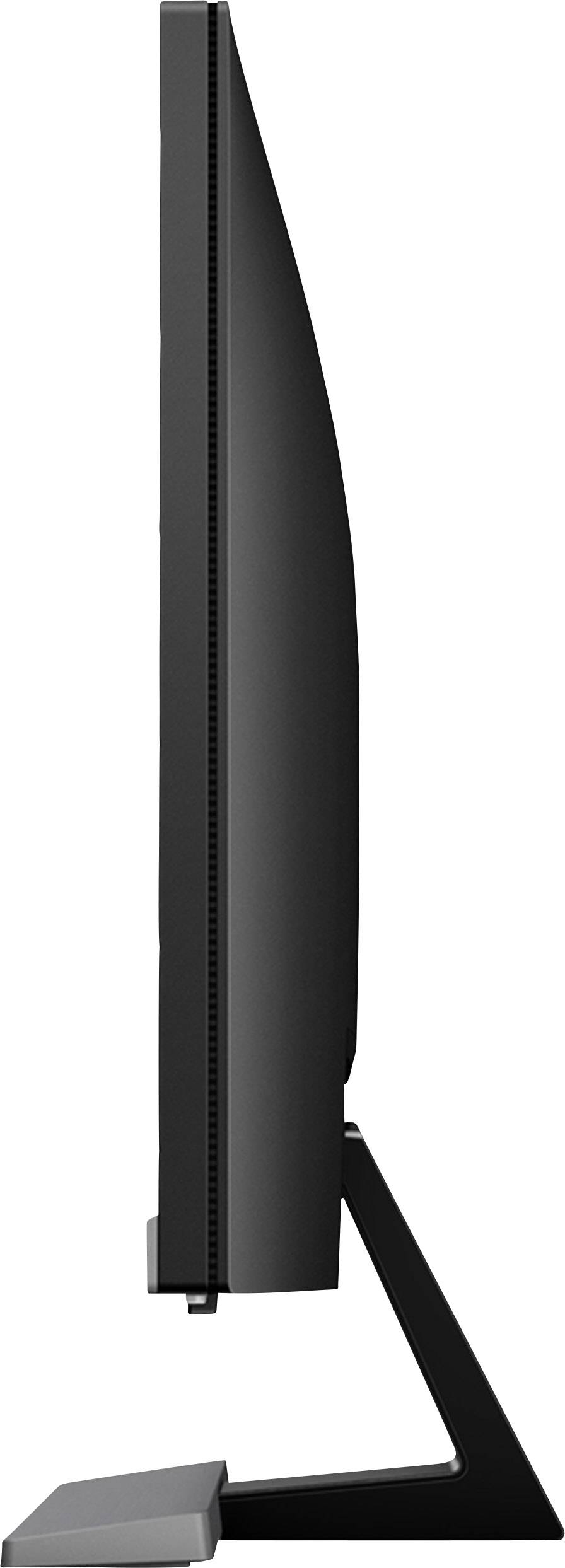Seitenansicht eines schwarzen Computermonitors mit schlankem Rahmen auf einem stabilen Standfuß.
