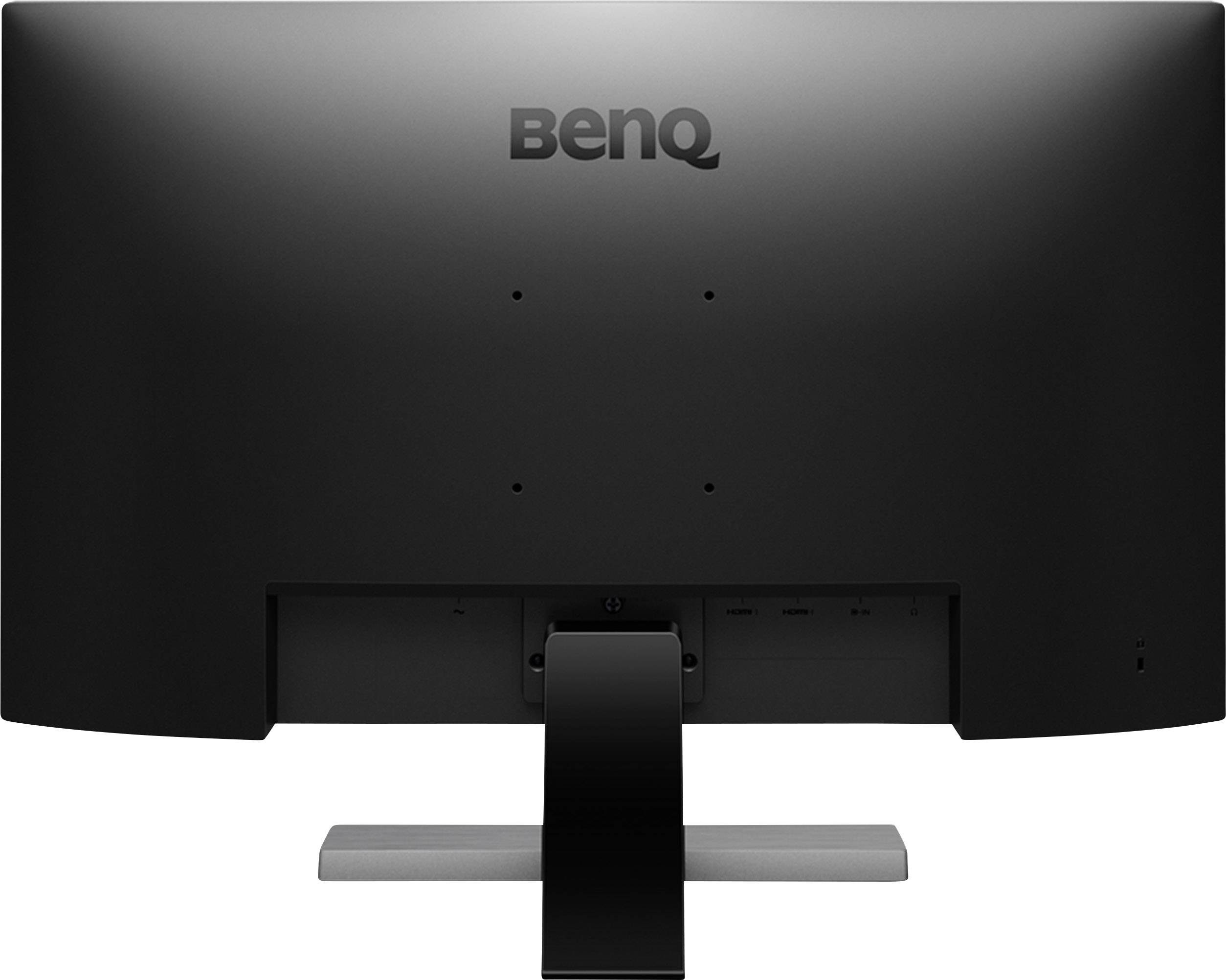 Ein Monitor von hinten mit schwarzer Rückseite und dem Markenlogo 'BenQ' oben in der Mitte.