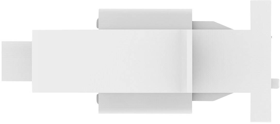 Eine weiße, rechteckige 3D-Form aus geometrischen Flächen. Draufsicht zeigt symmetrische, ineinandergreifende Komponenten.