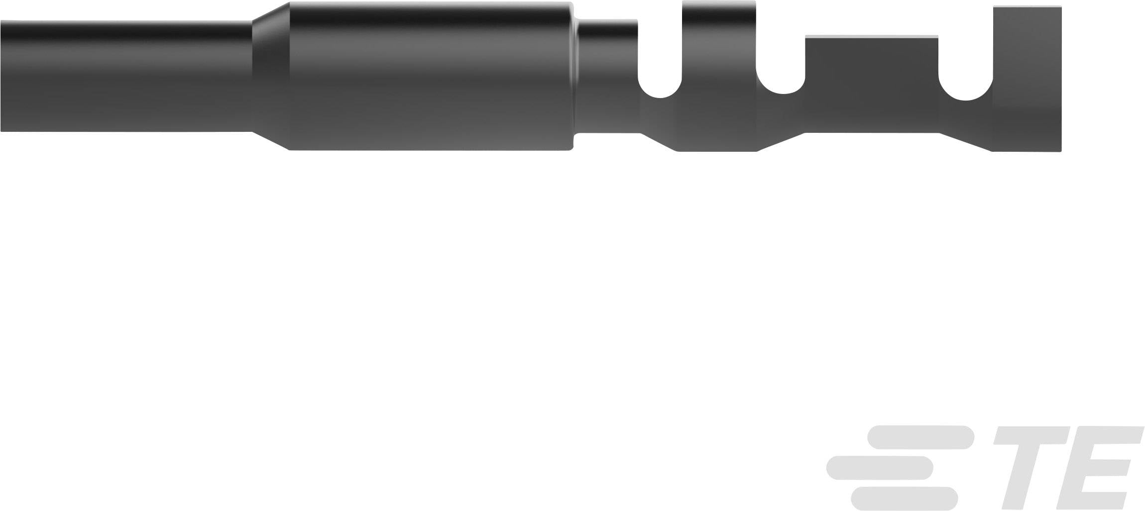 Ein schwarzer, metallischer Steckverbinder mit mehreren Einkerbungen, rechts das Logo 'TE' in Grau.