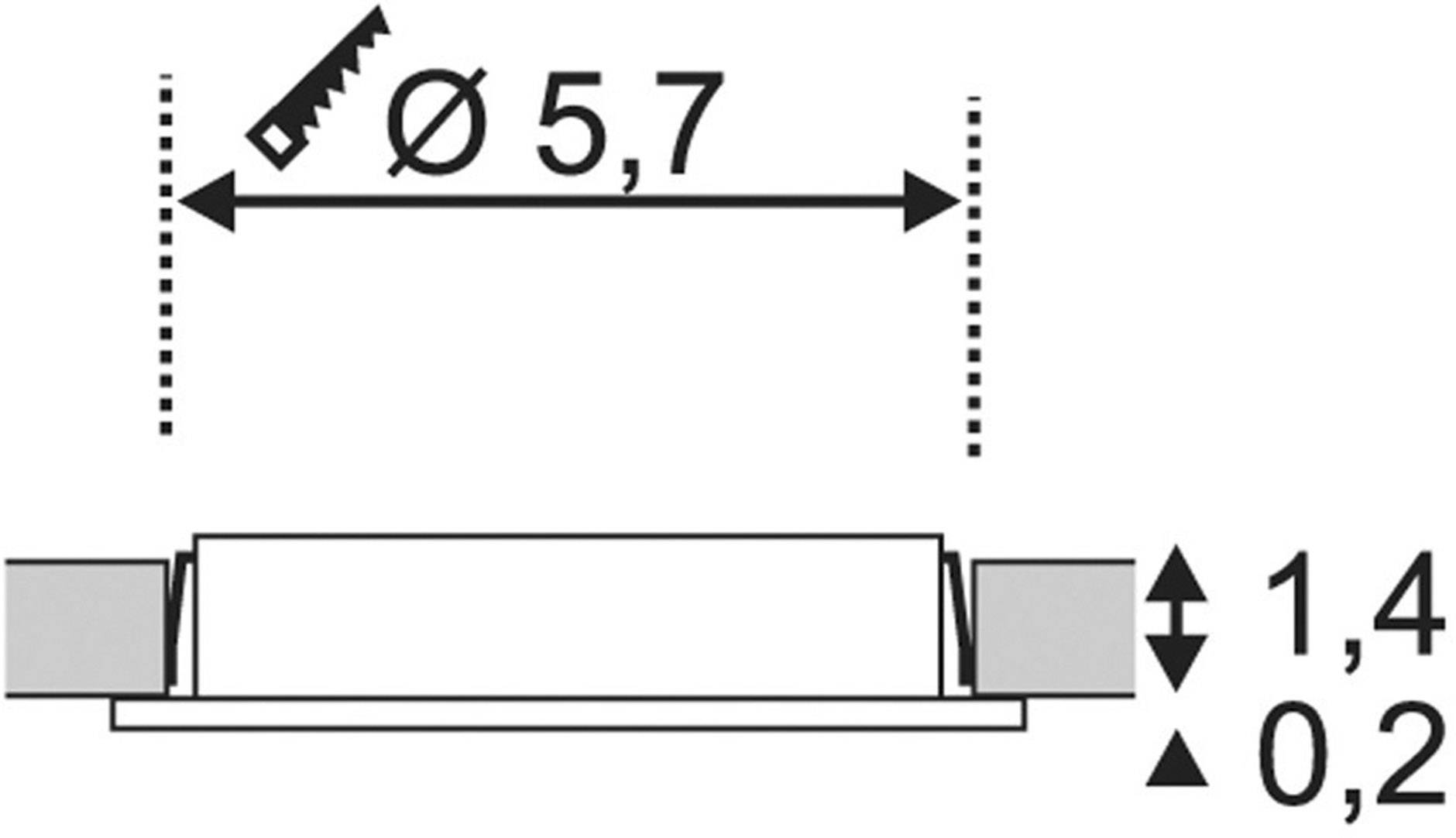 Technische Zeichnung eines zylindrischen Objekts mit einem Durchmesser von 5,7 mm und einer Höhe von 1,4 mm, Toleranz 0,2 mm.