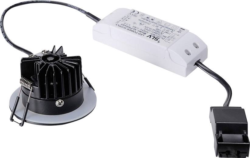Abgebildet sind eine LED-Leuchte und ein Transformator, die miteinander verbunden sind.