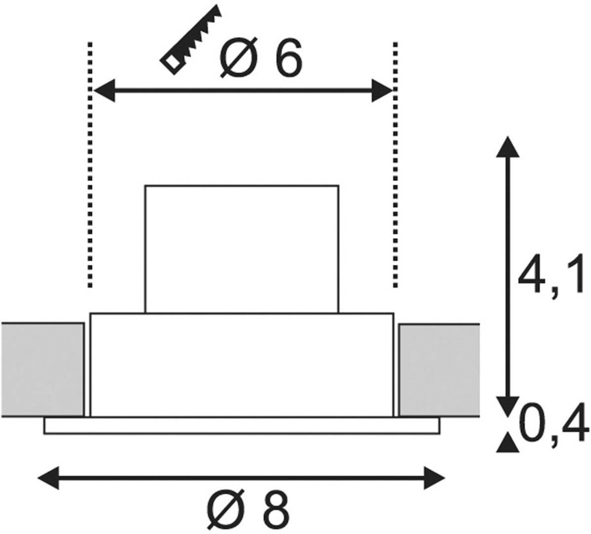 Technische Zeichnung eines zylindrischen Objekts mit Durchmessern Ø6 und Ø8, Höhe 4,1 und Höhe einer Basis von 0,4, mit Maßpfeilen.