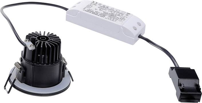 Einbau-LED-Leuchte mit schwarzem Kühlkörper und weißem Treiber, verbunden durch ein Kabel, für Deckenmontage geeignet.