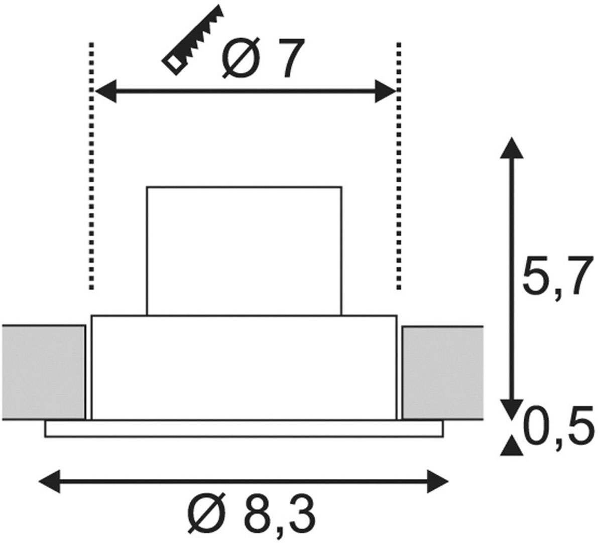'Diagramm zeigt Abmessungen eines Bauteils: Durchmesser 7mm, Gesamthöhe 5,7mm, Breite unten 8,3mm, Sockelhöhe 0,5mm.'