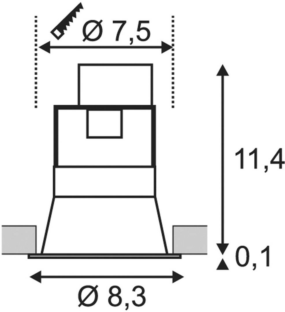 Technische Zeichnung eines zylindrischen Objekts mit Maßen: Durchmesser oben 7,5 mm, unten 8,3 mm, Höhe 11,4 mm, Toleranz 0,1 mm.