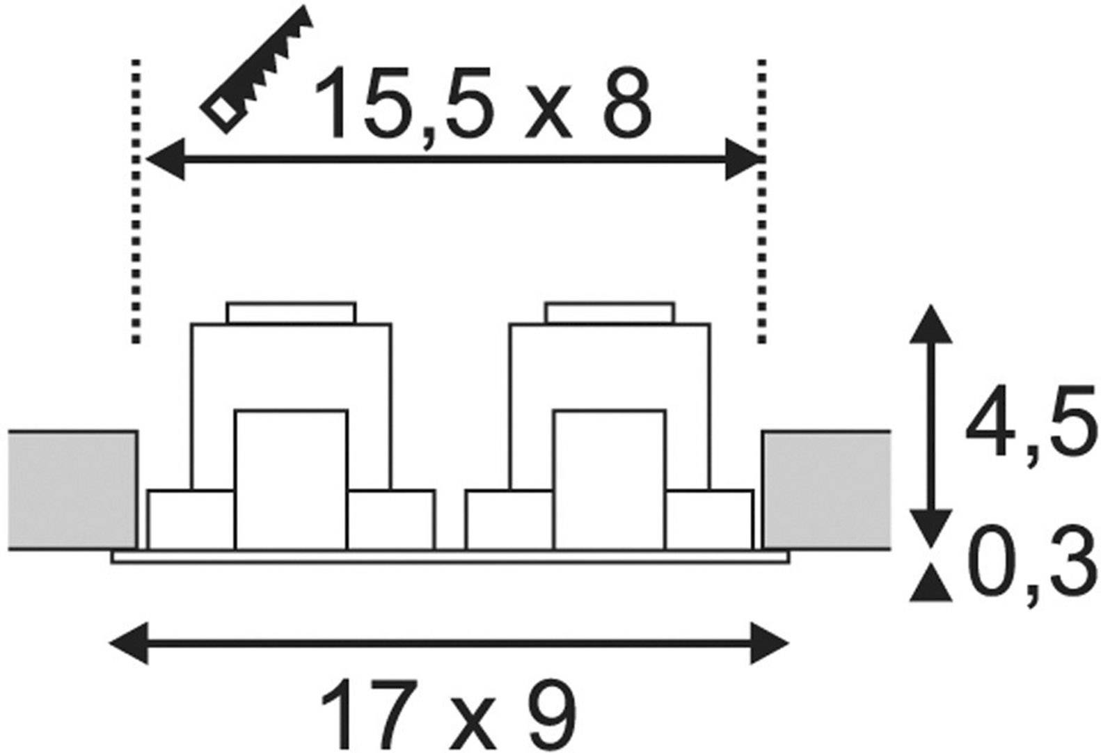Technische Zeichnung mit Maßen für ein Bauteil: Gesamtbreite 17, Höhe 4,5, zwischen Bauteilen 15,5 x 8, Sockelhöhe 0,3.