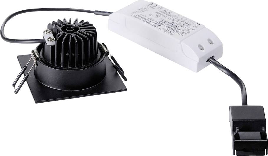 Ein LED-Einbaustrahler mit schwarzem Gehäuse und externem Treiber, verbunden über ein Kabel, auf weißem Hintergrund.