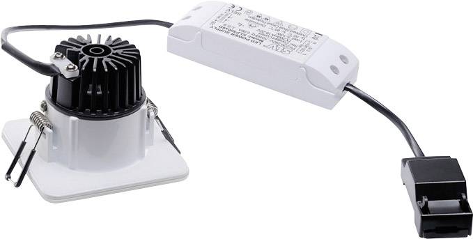 LED-Leuchte mit Kühlkörper und angeschlossenem Treiber; für Deckenmontage geeignet. Verbindet sich über Kabel mit Stromversorgung.