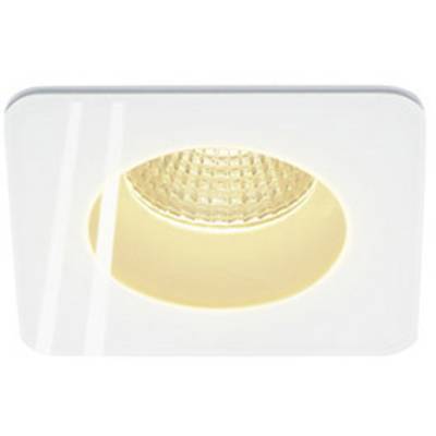 Eine quadratische, weiße LED-Deckeneinbauleuchte leuchtet. Sie hat ein modernes, minimalistisches Design.