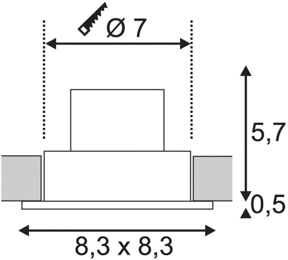 Diagramm eines Bauteils mit den Maßen: Ø 7, Höhe 5,7, Bodenhöhe 0,5, Grundfläche 8,3 x 8,3. Pfeile zeigen Abmessungen an.