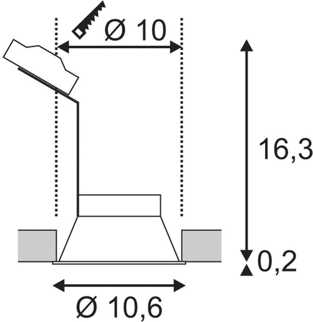 Schematischer Diagramm einer technischen Vorrichtung mit den Maßen: Höhe 16,3 cm, unterer Durchmesser 10,6 cm, oberer Durchmesser 10 cm, Basisdicke 0,2 cm.