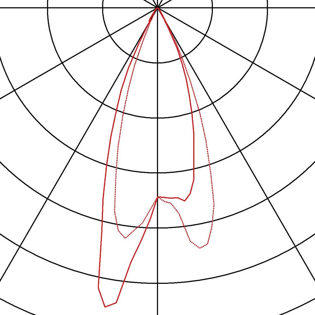 Diagramm mit rotem Plot in einem polaren Koordinatensystem, das asymmetrische Datenverteilung entlang der radialen Achsen darstellt.