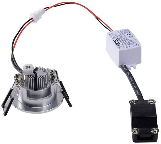 Ein LED-Downlight mit Kühlkörper, Federn zur Montage und einem angeschlossenen Transformator, geeignet für abgehängte Deckeninstallationen.