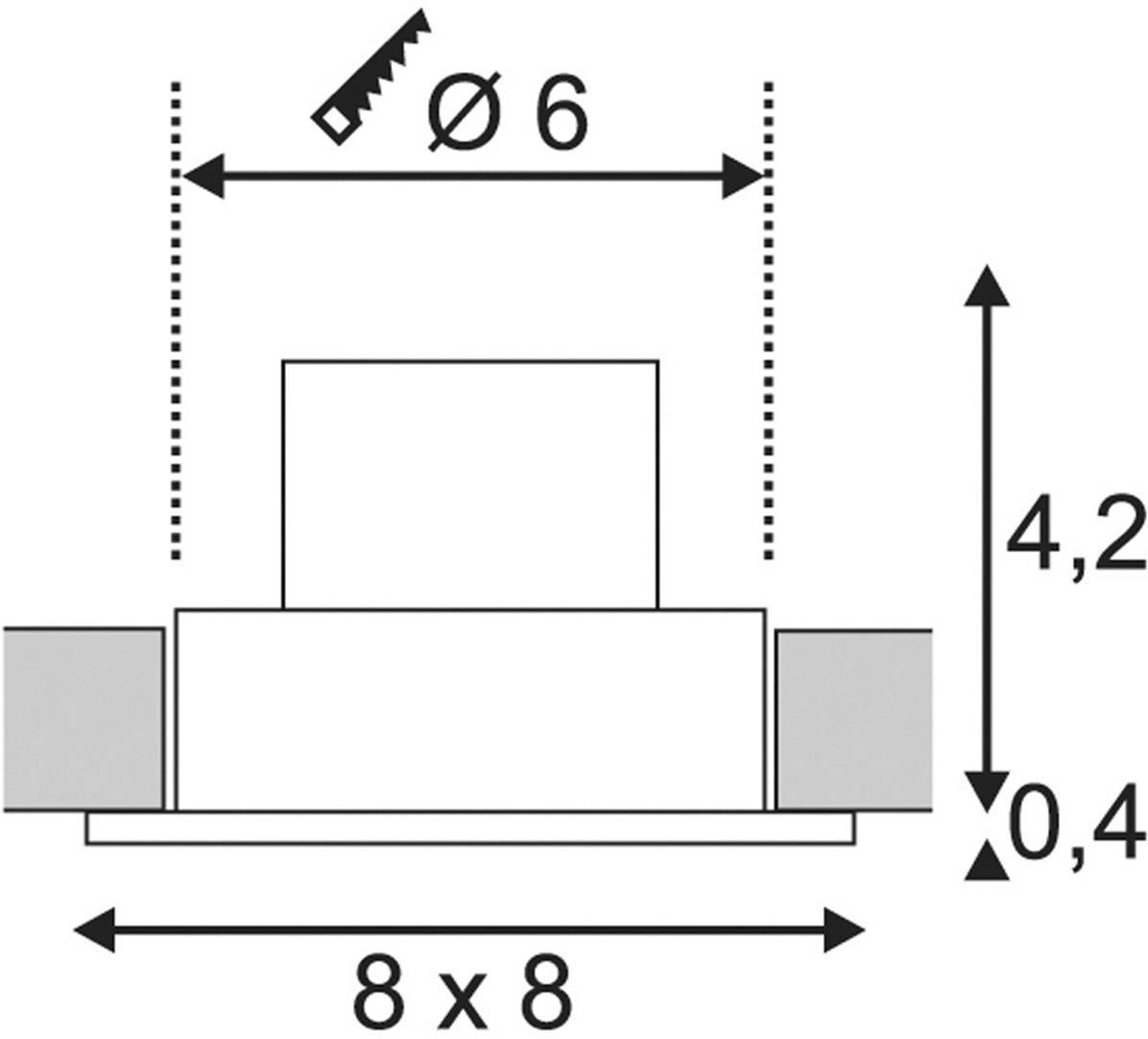 Technische Zeichnung eines quadratischen Bauteils mit den Maßen 8x8 cm, Bohrlochdurchmesser Ø 6 cm, Gesamthöhe 4,2 cm.