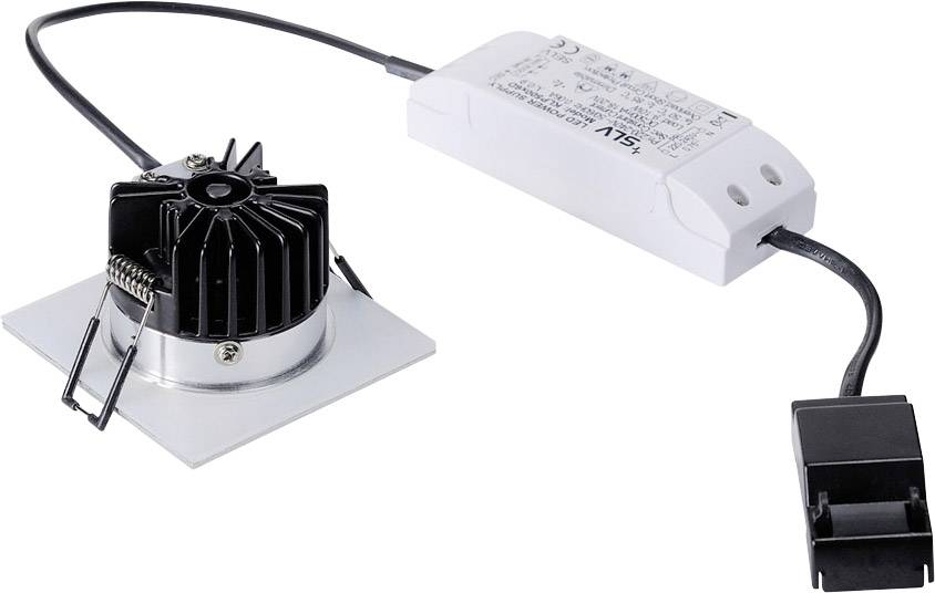 LED-Deckeneinbauleuchte mit quadratischer Metallfassung und externem Trafo. Geeignet für moderne Innenbeleuchtung.