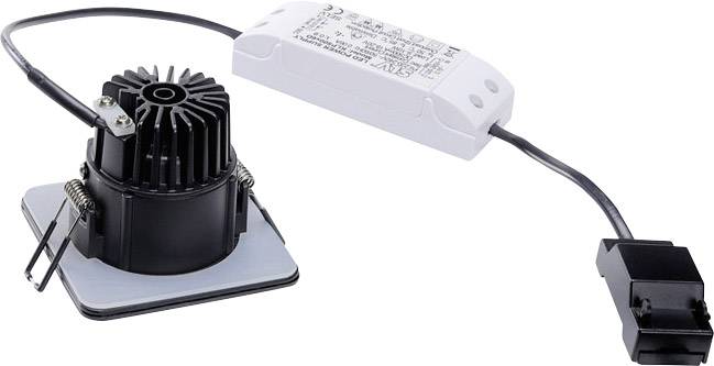 Schwarzer LED-Downlight-Treiber mit Kabel, verbunden mit einem weißen Netzteil. Verwendet zur Stromversorgung von LED-Leuchten.