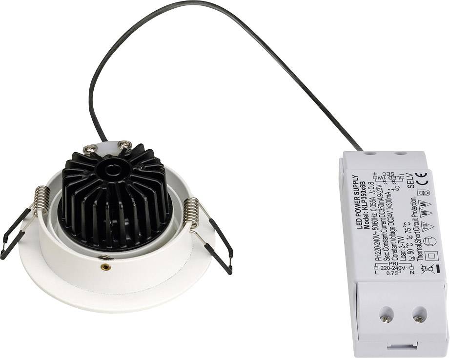 Ein LED-Downlight mit Kühler und weißem Rahmen, verbunden mit einem rechteckigen LED-Trafo durch ein schwarzes Kabel.