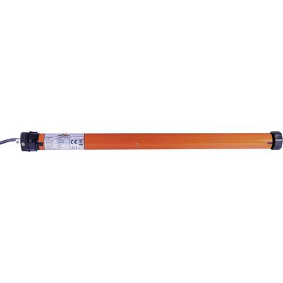 Ein orangefarbener elektrischer Rollladenmotor der Marke 'Somfy', zylindrische Form, mit Anschlusskabel auf der linken Seite.