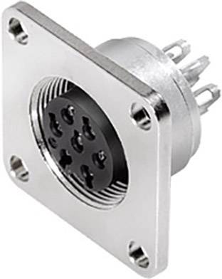 Metallischer Steckverbinder mit runder, schwarzer Buchse und mehreren Stiften, die für elektronische Verbindungen verwendet wird.