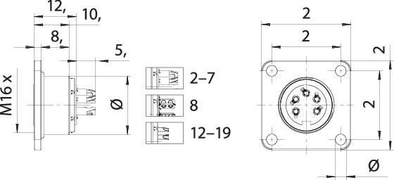 Technische Zeichnung eines runden Steckverbinders, zeigt Front- und Seitenansicht, mit Abmessungen von 10 mm und 12 mm Abstand der Bohrlöcher.