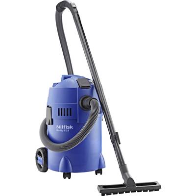 Blauer Staubsauger mit langem Schlauch und breiter Bodendüse, Modell 'Nilfisk Buddy II 18'. Geeignet für Nass- und Trockensaugen.