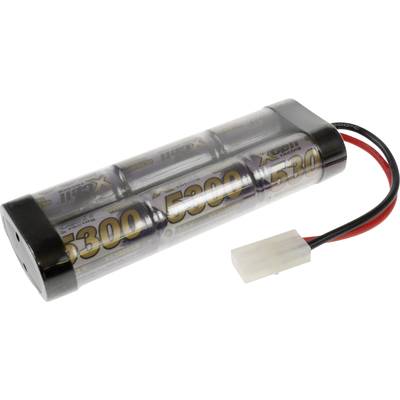 Ein wiederaufladbarer Akku mit der Aufschrift '5300 mAh' und einem Rot-Schwarz-Kabelanschluss.