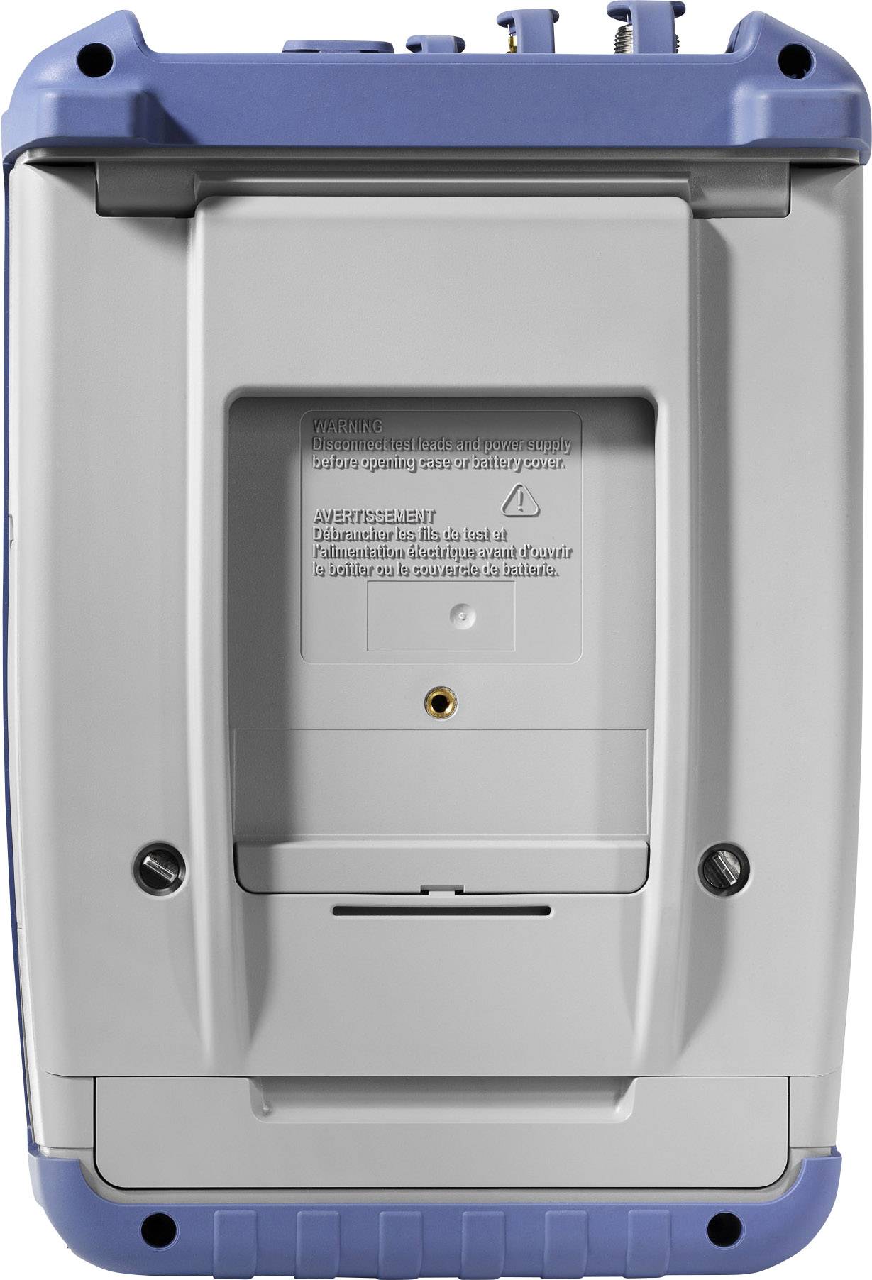 Rückansicht eines elektrischen Geräts mit einem Fach für Batterien oder Zubehör. Schraubenlöcher zum Befestigen sind sichtbar.