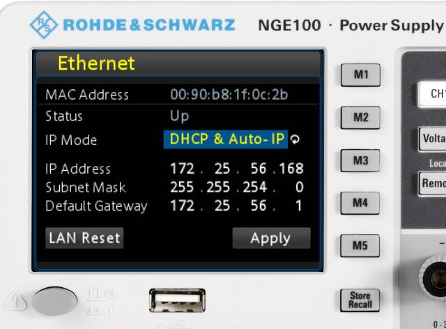 'Rohde & Schwarz Netzgerät Anzeige: Netzwerk über Ethernet verbunden. IP-Modus: DHCP & Auto-IP. IP-Adresse: 172.25.56.168.'