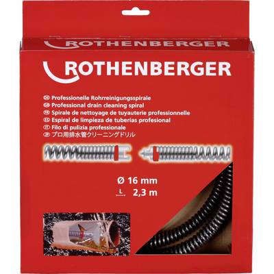 'ROTHENBERGER' Werkzeugverpackung für professionelle Rohrreinigungsspirale, Ø 16 mm, Länge 2,3 m, mit Bild der Spirale in Aktion.