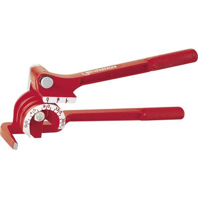 Ein rotes Rohrbiegewerkzeug mit Markierungen für Biegewinkel. Es hat zwei Griffe und ist für präzises Biegen von Rohren konzipiert.