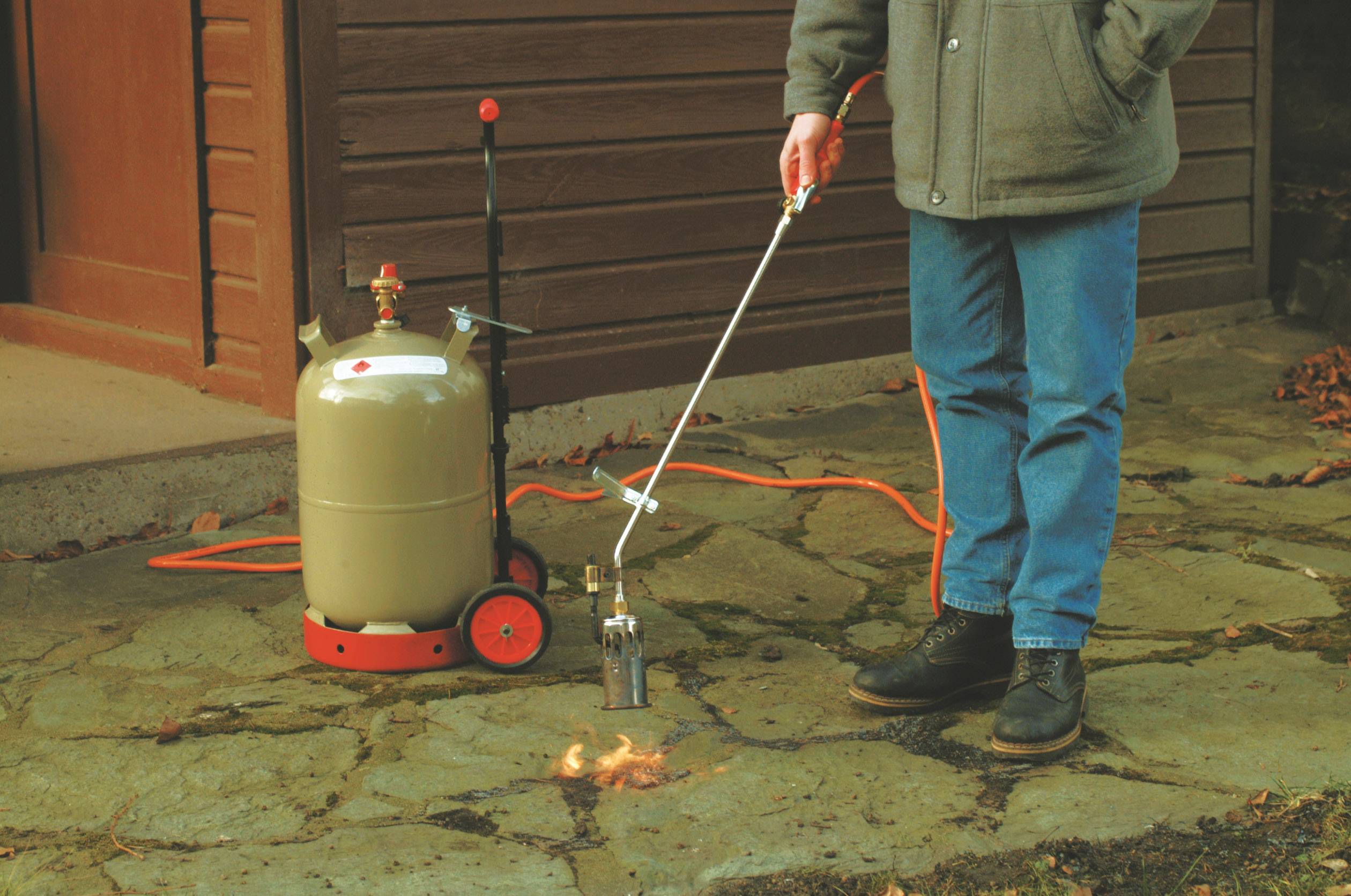 Eine Person benutzt einen Flammenwerfer, um Unkraut auf einem Steinweg zu verbrennen. Ein Propangastank steht auf einem Wagen daneben.