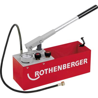Rote manuelle Druckprüfpumpe von Rothenberger mit Druckanzeige, Ventilen und flexiblem Schlauch, verwendet zur Dichtheitsprüfung.